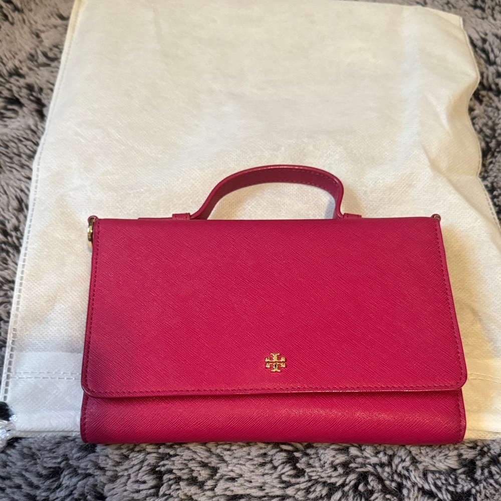 Tory Burch Pink (Fuchsia) Top-Handle Satchel/Crossbody bag with Gold Logo